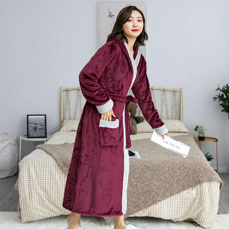 睡袍女冬季加厚加长款浴袍法兰绒情侣浴衣男士大码珊瑚绒学生睡衣 酒红色加厚睡袍【长款带帽】 M150-163cm80-115斤
