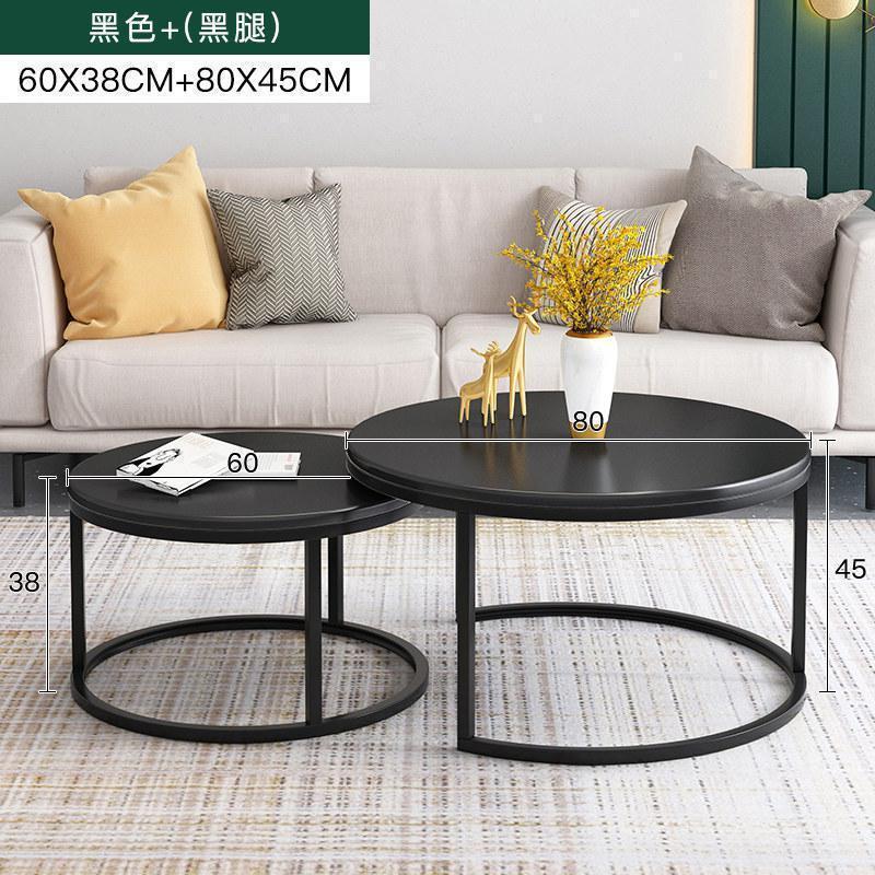 森美人北欧轻奢茶几桌客厅家用仿大理石小茶几简约小户型铁艺小圆桌 黑色+黑腿（80+60）
