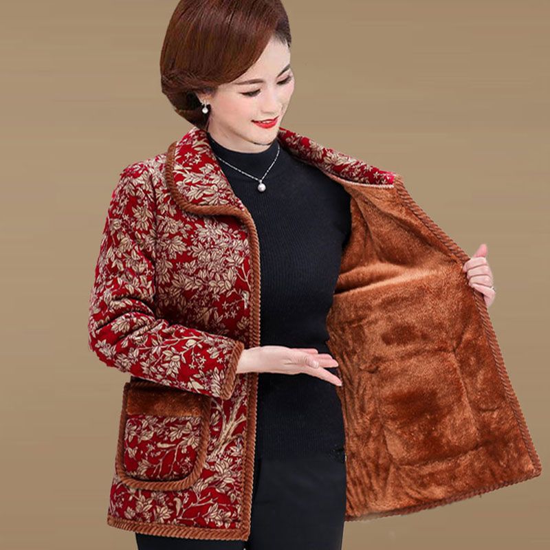 中老年女装棉衣短款翻领保暖加绒加厚奶奶冬装花棉袄老年棉服上衣