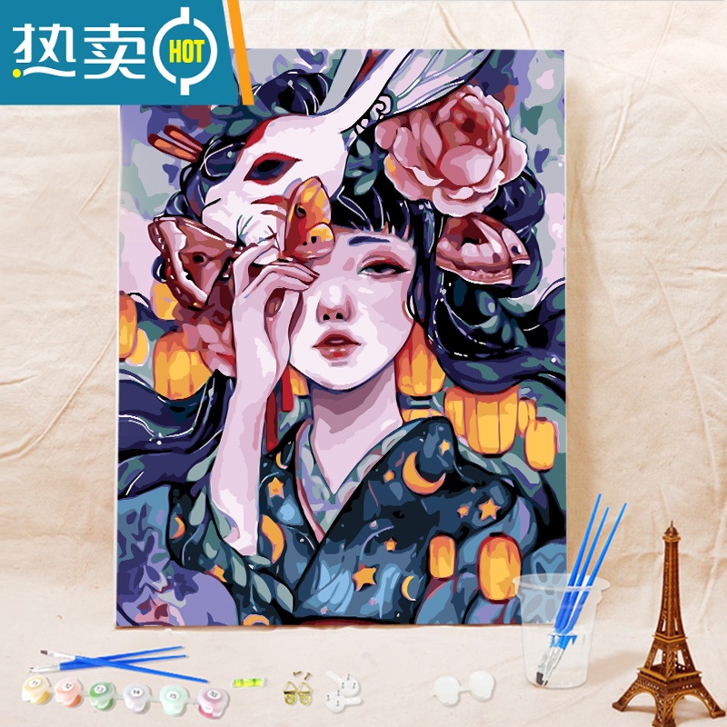 敬平画画diy油彩画 手工挂画填充填色客厅风景成人减压数字油画装饰画装饰画 花宴少女 2份颜料+6只画笔+彩色画板50*65送木/白/黑色相框礼盒