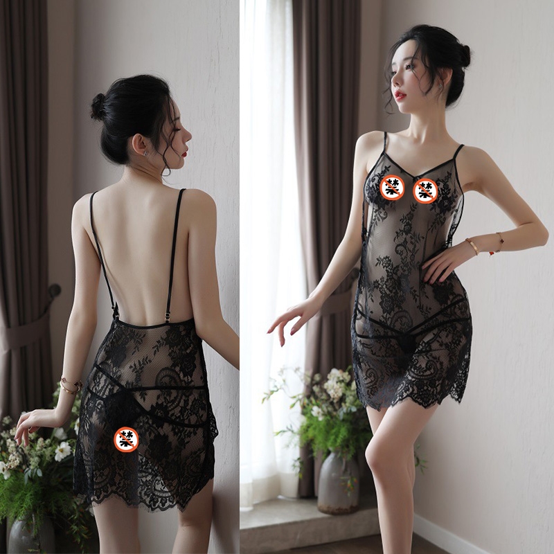女士情趣内衣蕾丝透视露背吊带连衣裙女式情趣睡衣睡裙破洞开档免脱丁字内裤套装学生性感全透明诱惑薄款露毛长夜漫漫成人女性用品高清大图