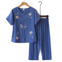 凉爽奶奶装夏装套装老年人女妈妈短袖棉麻睡衣老人夏天衣服两件套 蓝色 XL[建议80-100斤]