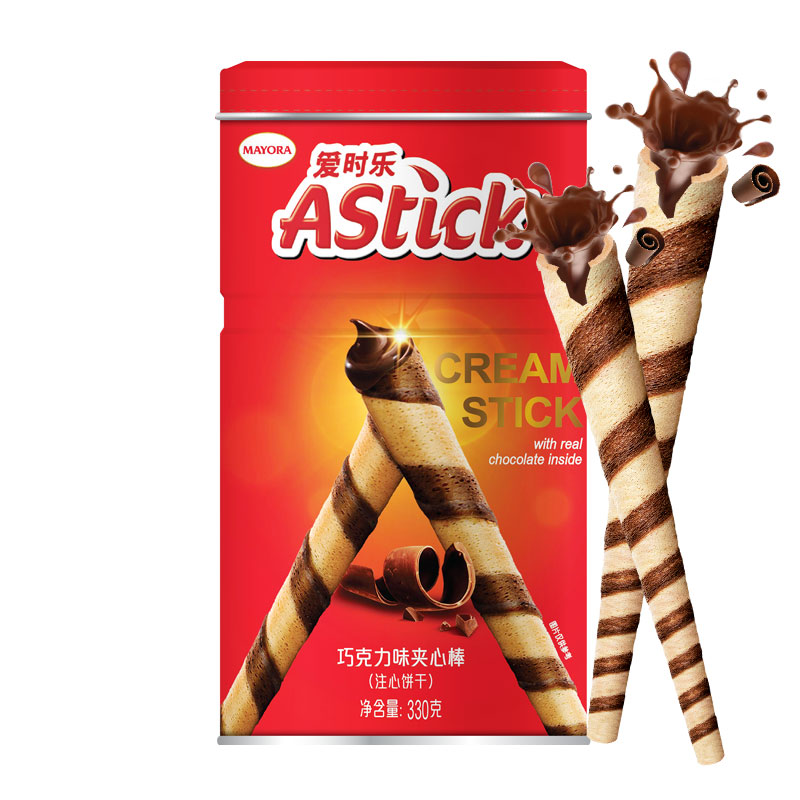 爱时乐astick注心饼干零食威化卷心酥巧可力味330g休闲零食办公室零食