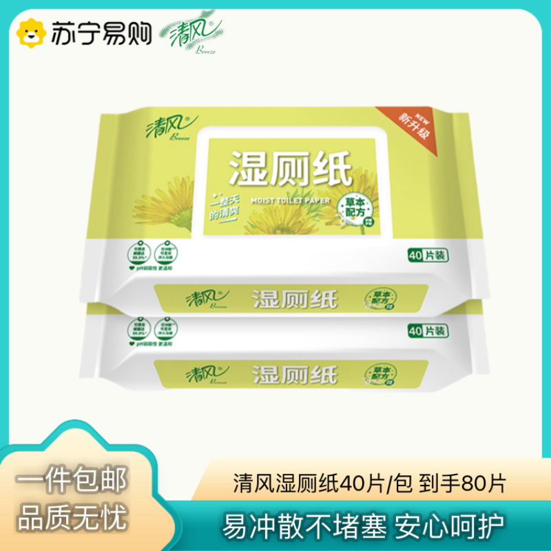 清风湿厕纸家庭装40片2包女性厕纸湿巾私处洁厕纸男湿巾纸擦屁股
