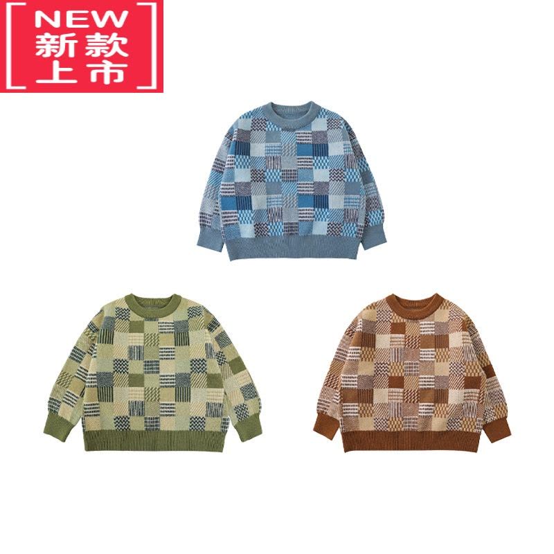可莉允男童几何拼色芝麻点提花休闲宽松软弹内搭毛衣冬季儿童针织衫图片