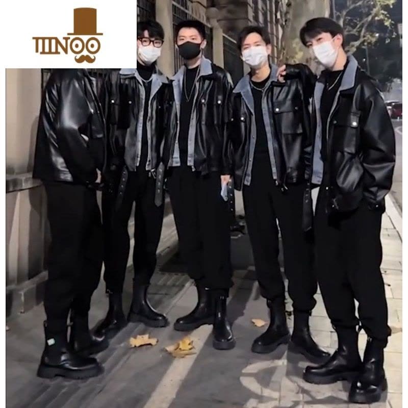 YANXU潮男前线[套装]2023帅气百搭假皮衣外套痞帅翻领皮夹克图片