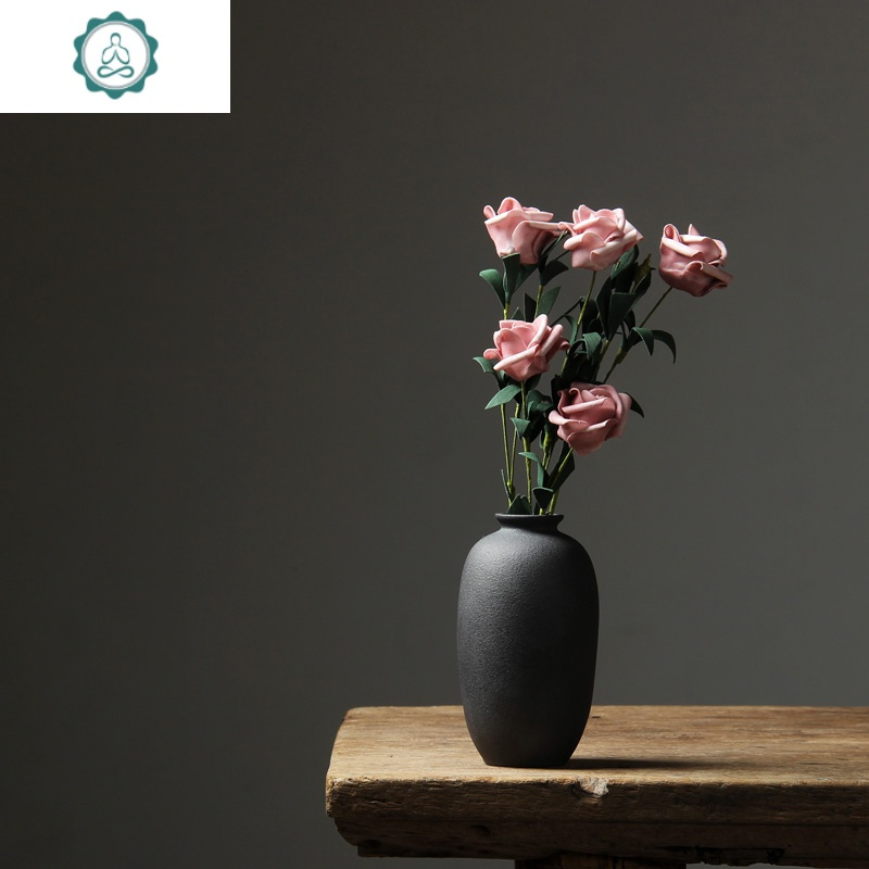 日式粗陶花瓶复古手工拙朴花插陶瓷茶具摆件禅意居家装饰陶艺花器 封