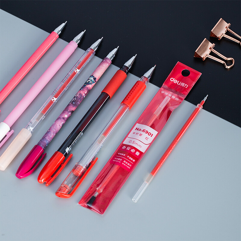 得力6901中性笔芯0.5mm半针管(红)20支/盒高清大图