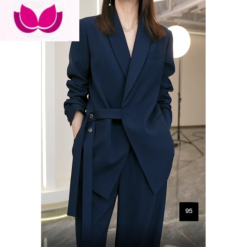 七斓2023春装新款大码女装西装套装胖mm宽松西服外套休闲阔腿裤胖 L115-125斤 藏青色