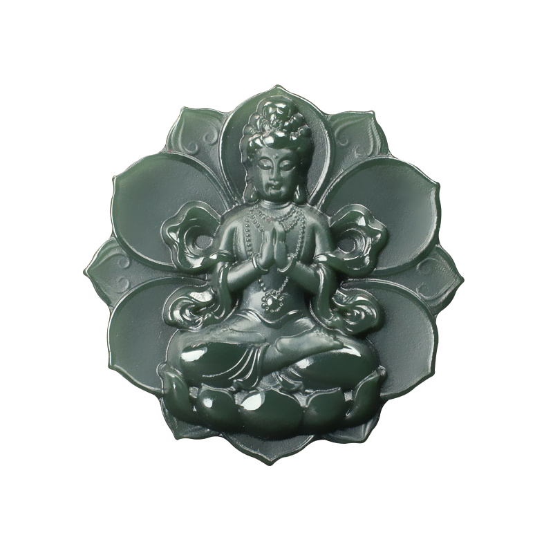 和田玉莲花观音吊坠青玉细料男士玉观音玉坠玉石玉挂件玉牌带证书