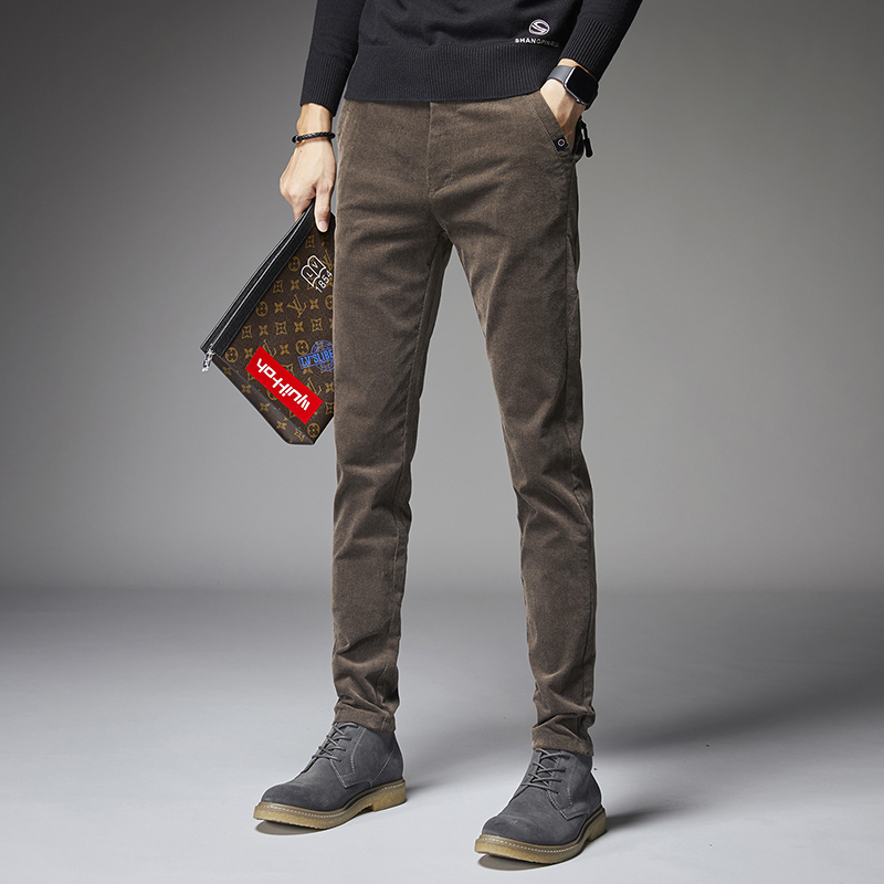 yuansu灯芯绒裤子男秋冬款加绒休闲长裤修身小脚高端韩版潮牌男士条绒