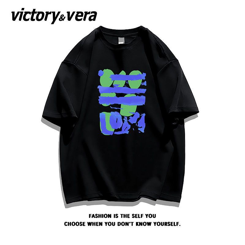 VICTORYVERA涂鸦纯棉短袖T恤女2022新款夏季学生宽松休闲半袖上衣