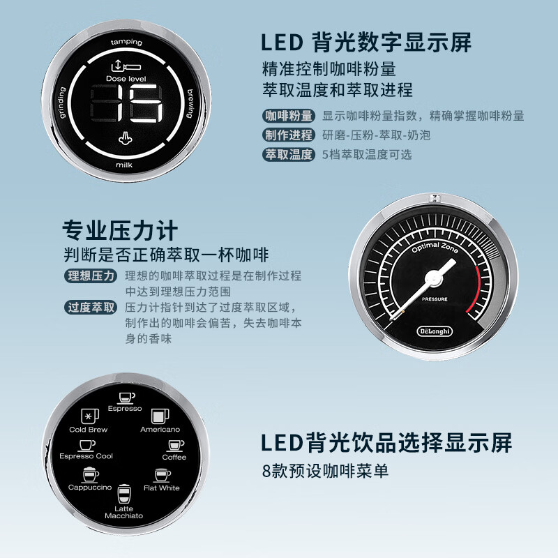 德龙 (Delonghi)咖啡机 冷萃半自动咖啡机 家用现磨意式研磨一体机 全自动打奶泡 银骑士 EC9865.M高清大图