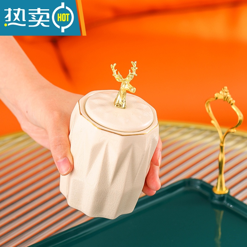 敬平轻奢风棉签收纳盒桌面个性陶瓷牙签收纳罐带盖桌面整理盒收纳罐子 白+绿高清大图