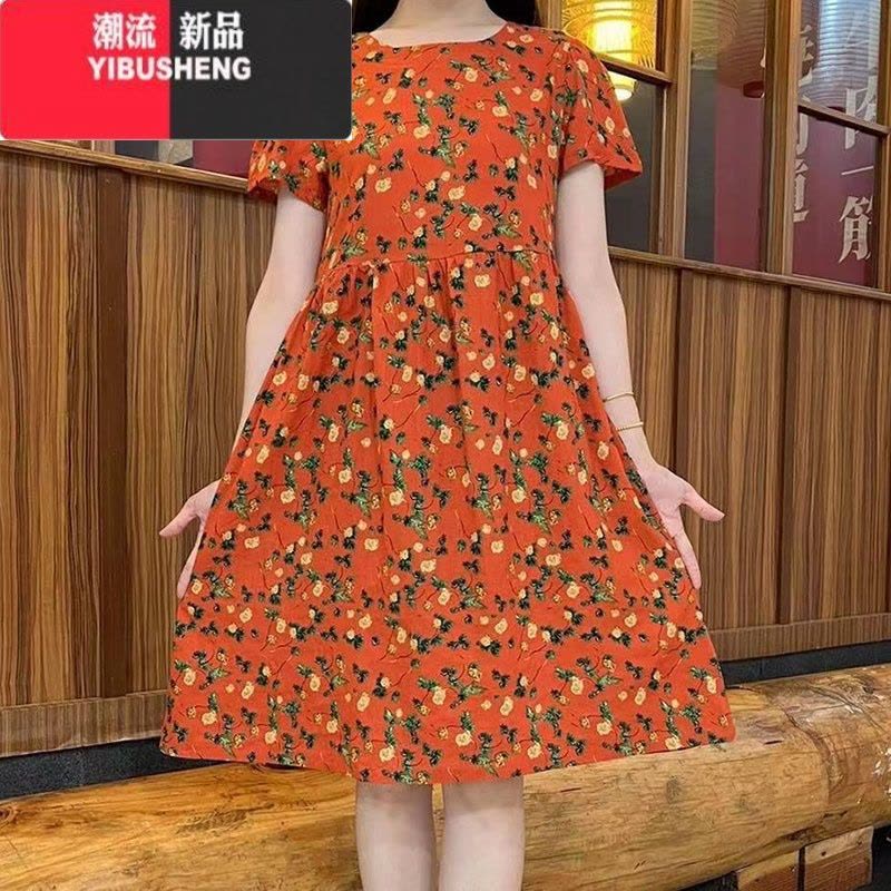 YIBUSHENG季新款短袖连衣裙碎花宽松遮肉韩版娃娃裙子女装时尚大码妈妈装图片