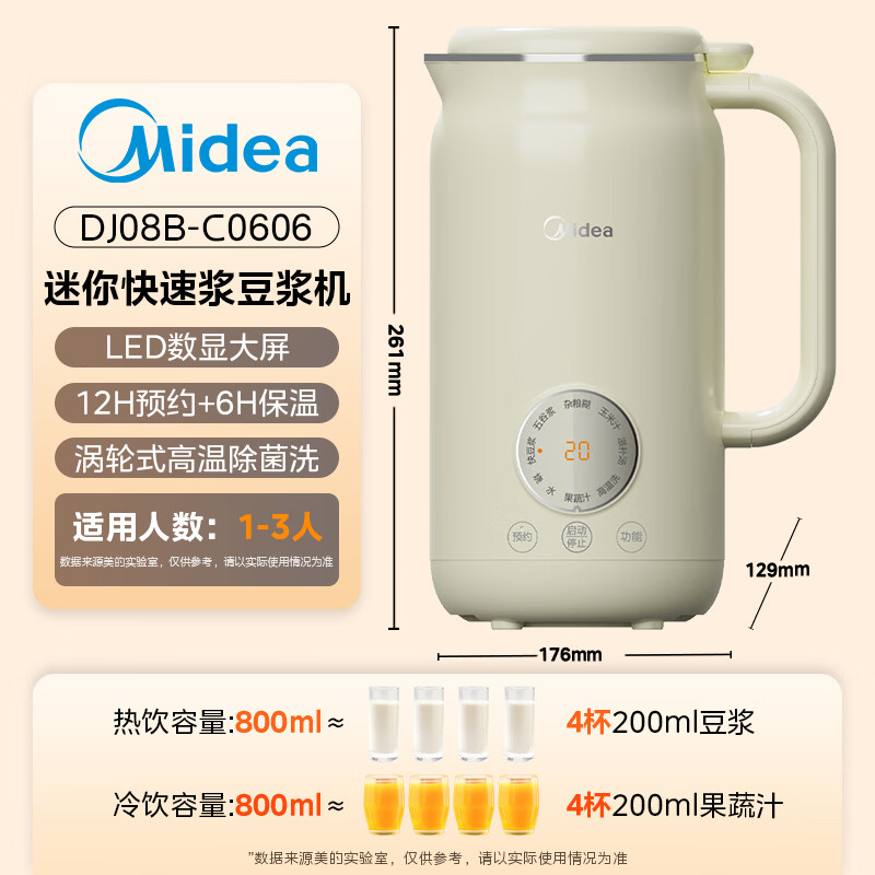 美的豆浆机DJ08B-C0606 白色0.8L小型容量1-2人