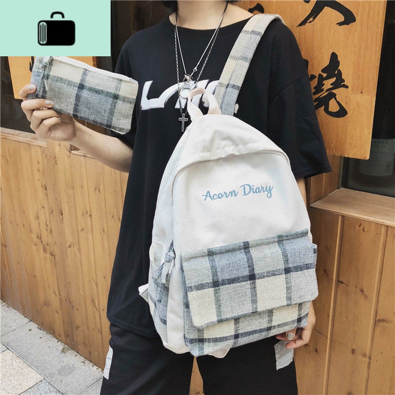 书包女学生韩版初中高中学生大容量格子双肩包古着感少女帆布背包NEW LAKE高清大图