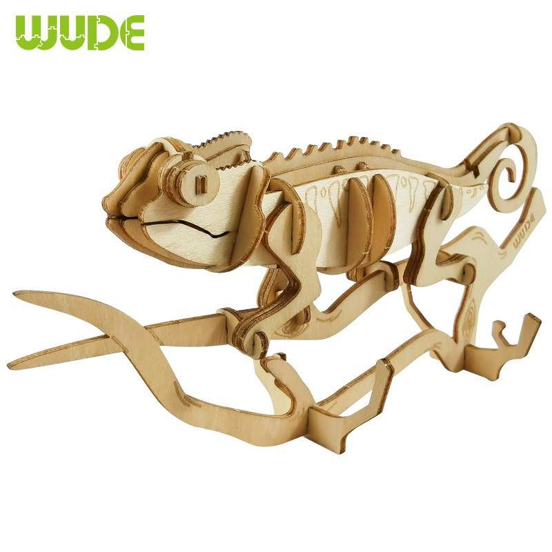 WUDE 变色龙动物木制立体3d拼图木质diy积木玩具儿童手工拼装模型组装插片摆件圣诞礼物