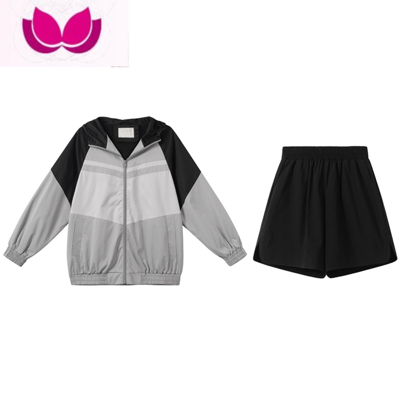 七斓 运动风撞色外套短裤套装女宽松休闲卫衣阔腿裤套春高清大图