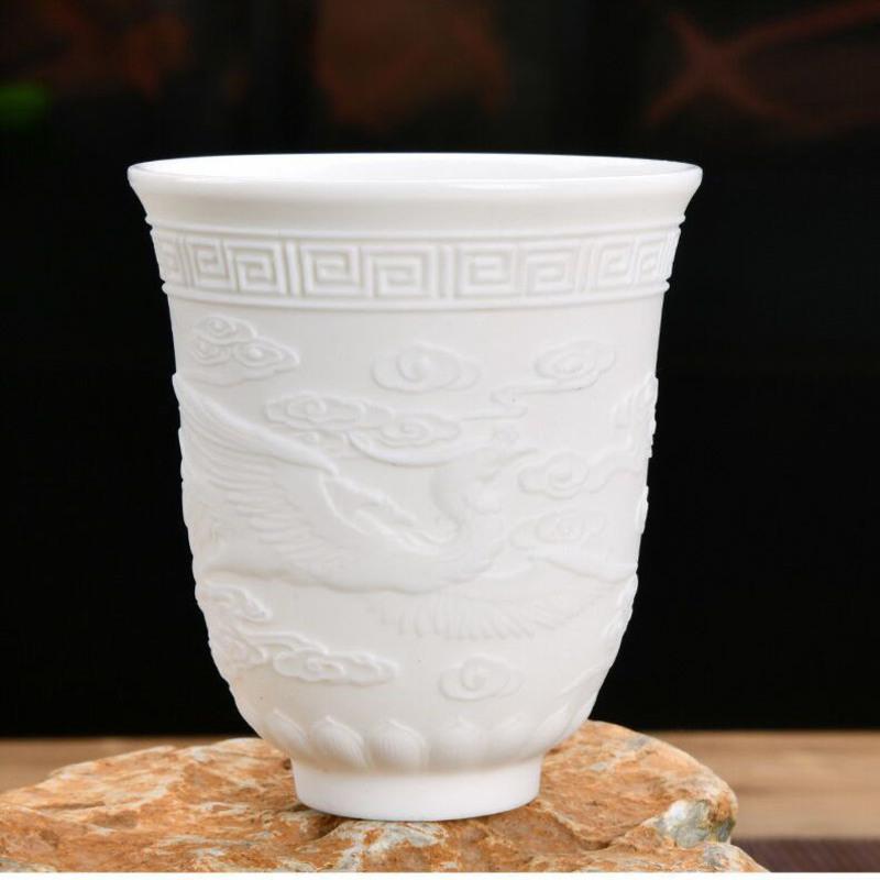 小百福浮雕茶杯羊脂玉主人杯陶瓷浮雕心经杯百福大号功夫茶具家用德化
