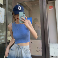 夏季新款法式甜辣风学生短款上衣女内搭无袖针织吊带背心女潮_1 均码 蓝色