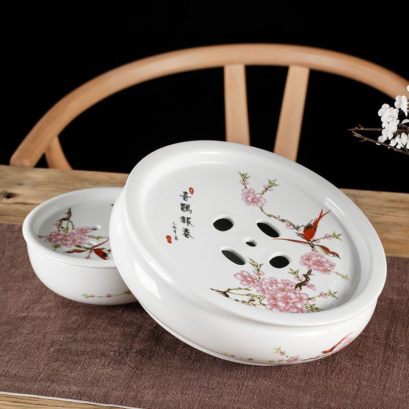 陶瓷茶盘托盘茶船圆形茶台茶座青花瓷功夫茶具茶盘储水双层茶托6英寸