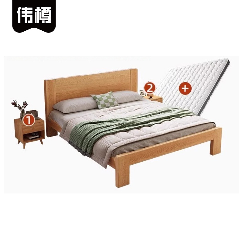 伟樽实木床1800*2000*400mm+床头柜*2+10cm床垫套高清大图
