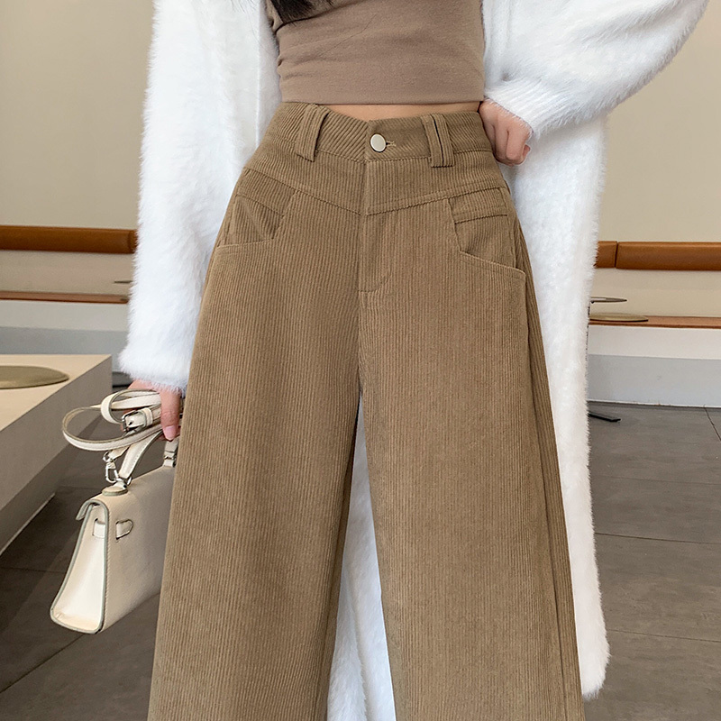 班俏banqiao卡其色灯芯绒阔腿裤女加绒加厚秋冬2023年高腰休闲显瘦