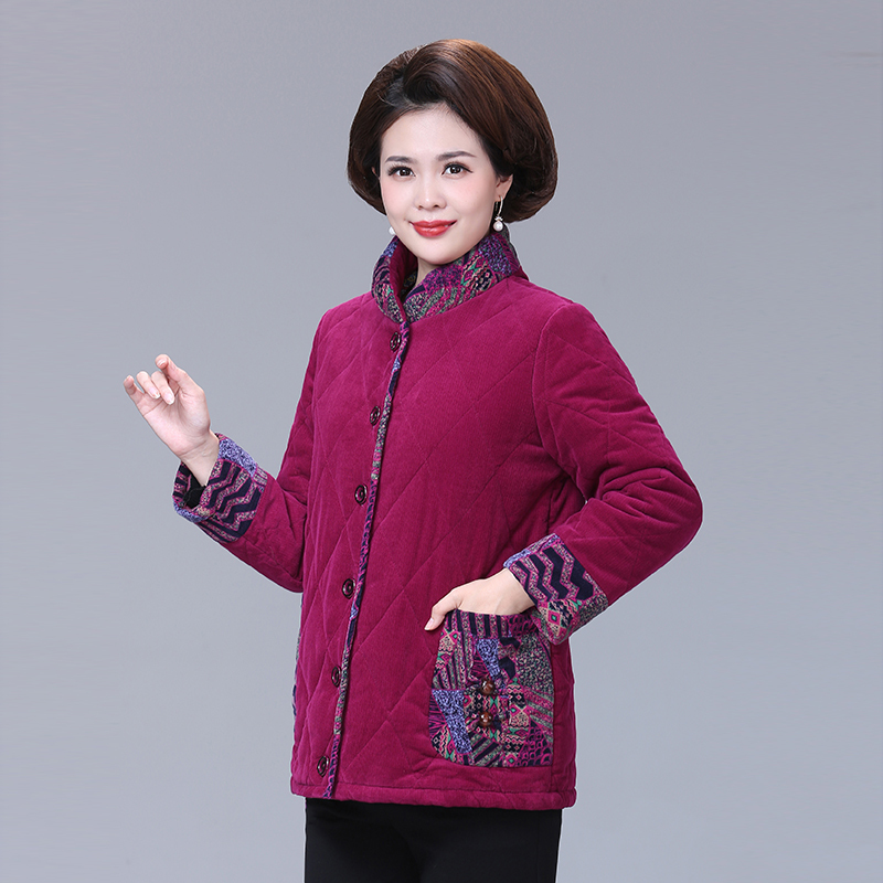 老年女装棉服冬季棉外套妈妈装棉衣宽松大码老年女灯芯绒棉袄大码女装