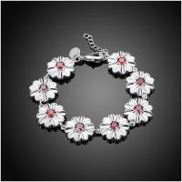 H495Women Silver Bracelet女生饰品红水晶花朵手链镀925纯银复古送女朋友七夕情人节礼物
