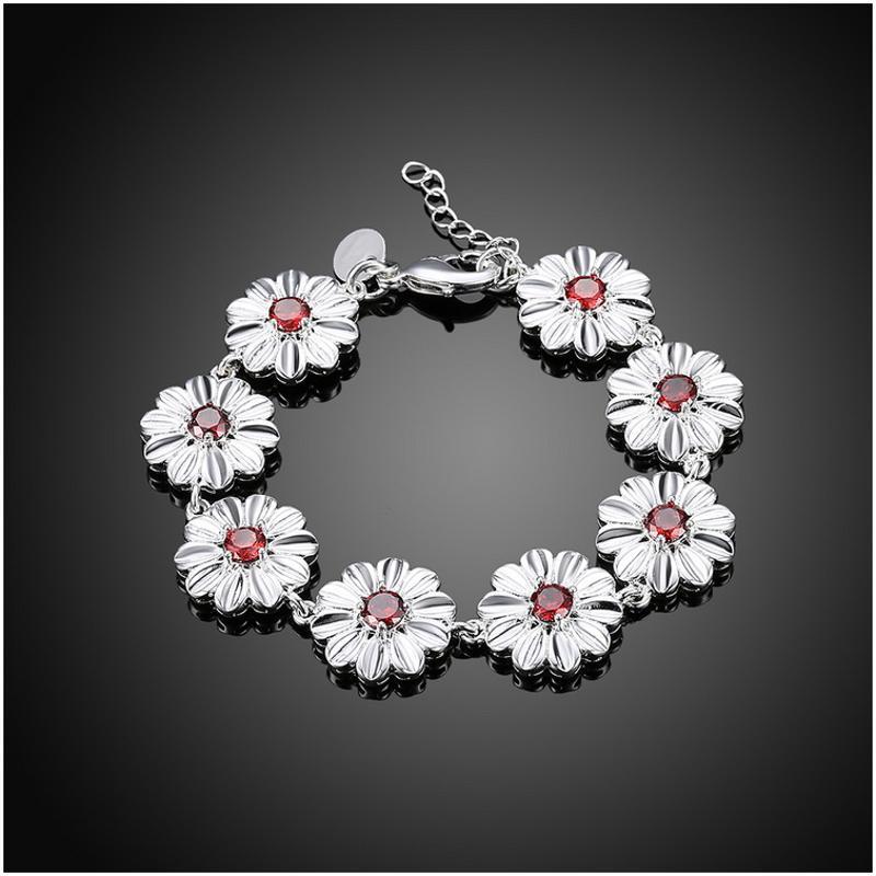 H495Women Silver Bracelet女生饰品红水晶花朵手链镀925纯银复古送女朋友七夕情人节礼物