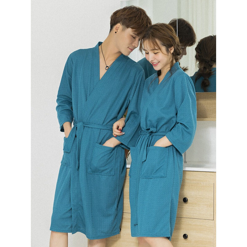 波迷娜(bomina)睡袍女常规款夏季酒店华夫格吸水定制浴袍男长款秋睡衣