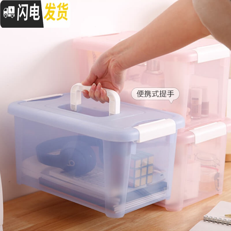 三维工匠塑料收纳箱整理储物箱小号手提式奶瓶透明有盖箱子 紫色8.2L