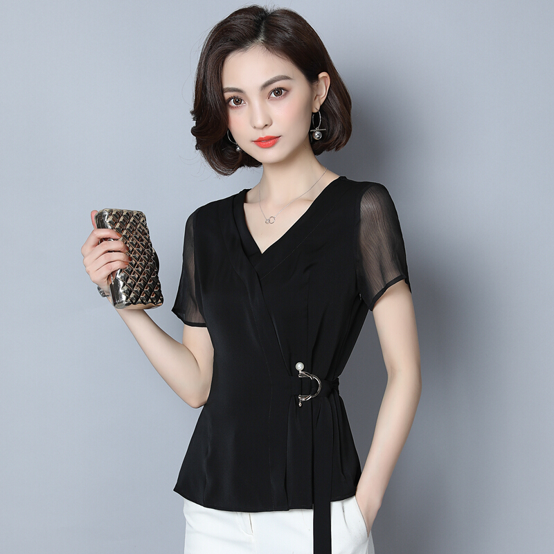 雪纺短袖女夏新款时尚百搭t恤宽松遮肚子上衣气质收腰洋气v领小衫