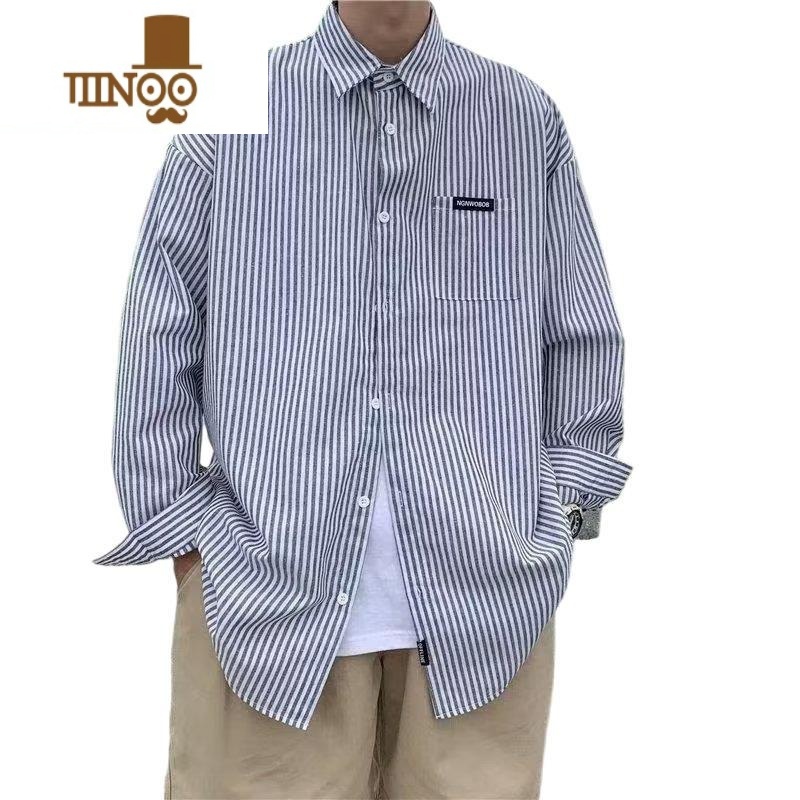 YANXU日系条纹长袖衬衫男士秋季港风宽松胖子加肥加大码感衬衣外套高清大图