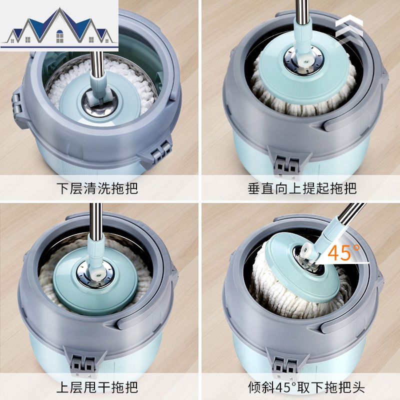 单桶手压式甩干拖把双驱动旋转拖把不锈钢杆金属篮多头 三维工匠高清大图