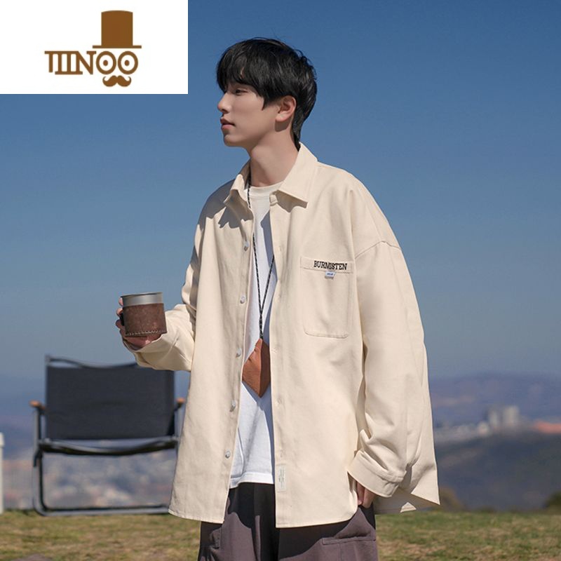 YANXU日系复古长袖衬衫男春季宽松男生ins百搭杏色衬衣帅气百搭薄外套高清大图