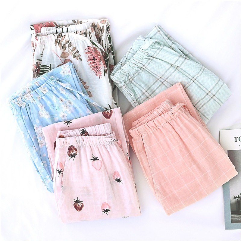 ins风全棉纱布睡裤女士长裤春夏季秋针织薄款纯棉纱家居裤可外穿