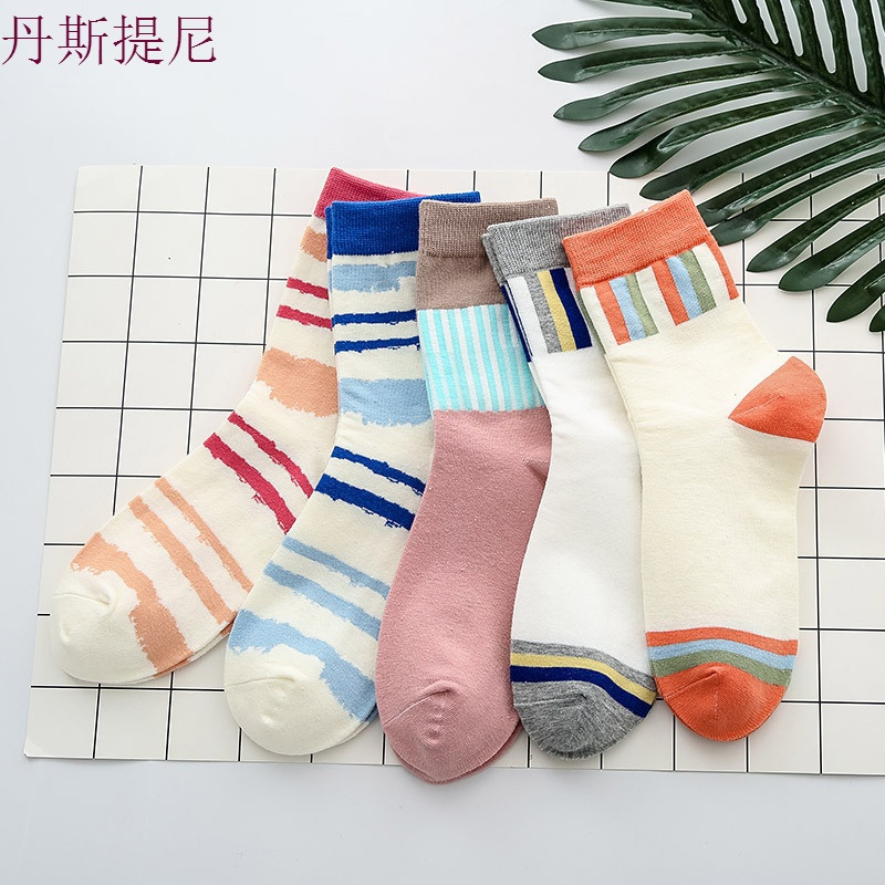 中筒袜韩版学院风纯棉条纹款长袜日系复古字母潮袜女士棉袜