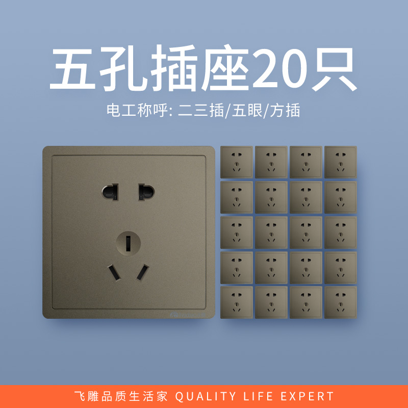 飞雕(FEIDIAO)开关插座86型家用暗装超大面板PC支架 品意系列家用插座联体二三插 品意灰10A五孔插(20只装)高清大图