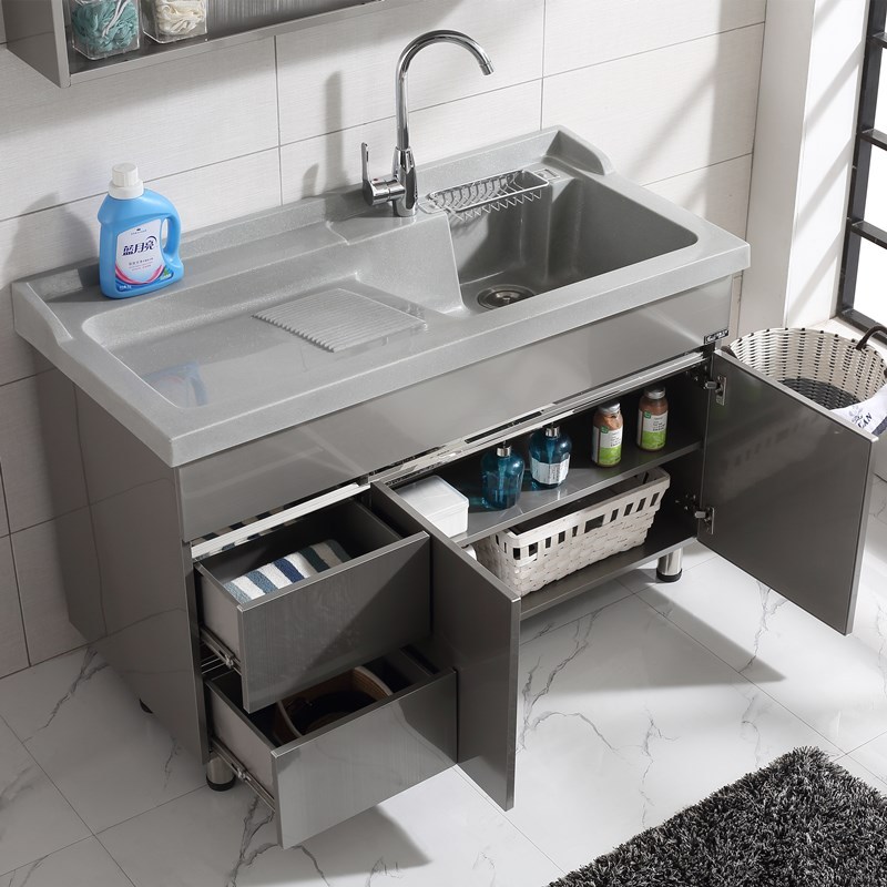 不锈钢落地柜卫生间洗手脸盆浴室柜带搓板组合洗漱台阳台洗衣柜80cm