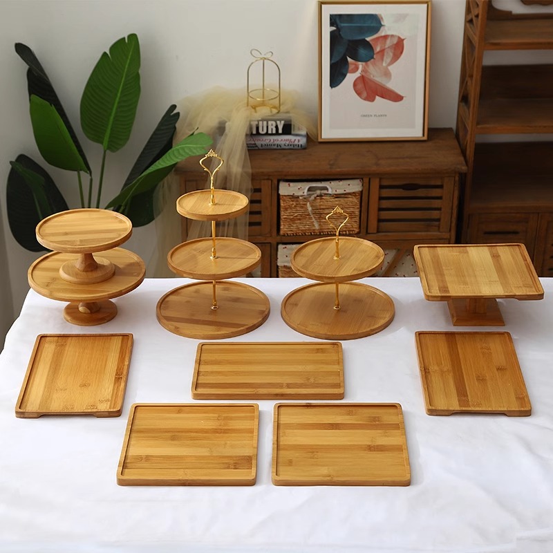 森系甜品台摆件展示架木质茶歇摆台 竹木质甜品台三件套小号高清大图