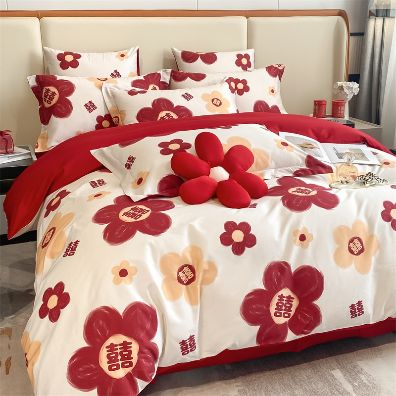 简约风婚庆时尚水洗棉磨毛四件套床笠款床上用品结婚喜庆印花被套高清大图