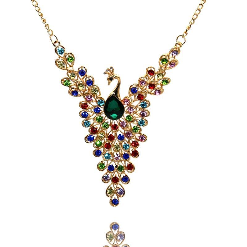 孔雀满钻项链女复古锌合金锁骨链毛衣链配饰品n20满钻七彩孔雀项链