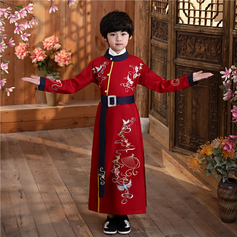 儿童汉服2021春秋复古唐装中国风古装公子侠客少爷服三字经书童服 酒红色 110