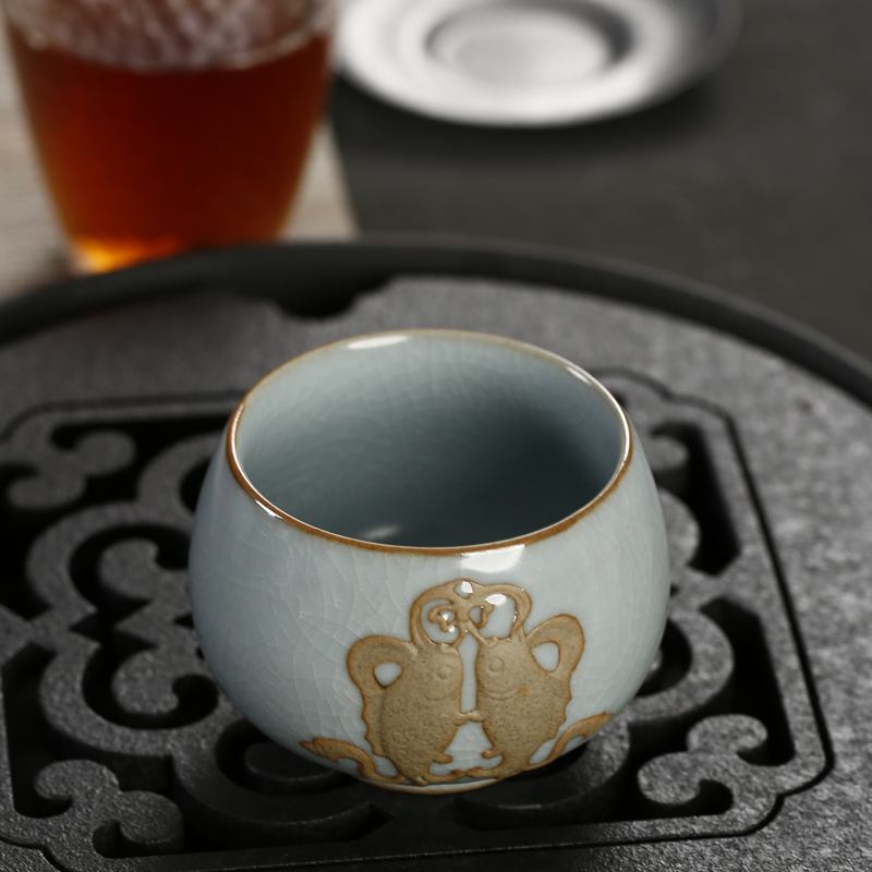 戴云品格 汝窑品茗杯茶碗手工茶杯主人杯 汝瓷单杯开片茶盏陶瓷茶具茶礼品 双鱼杯礼盒
