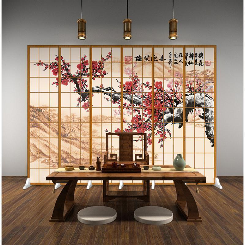 森美人日式仿木纹格子屏风隔断客厅现代简约双面移动布艺时尚可折叠折屏 浅黄色6扇防透宽2.4米