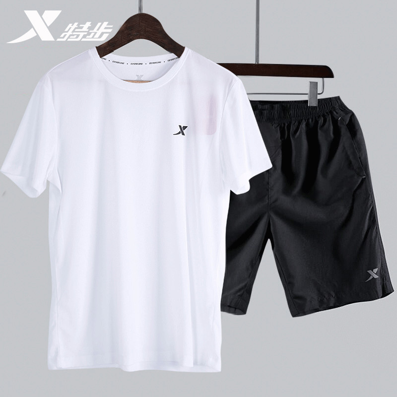 特步运动套装男装两件套2022夏季新款透气速干T恤跑步服健身房训练短袖短裤运动T恤运动裤运动服套装