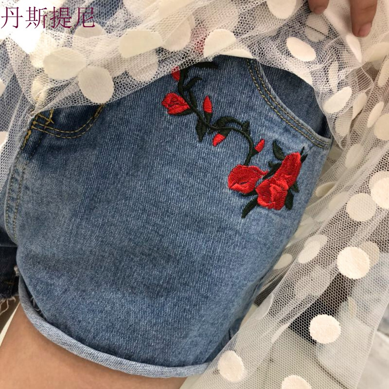 特惠2018夏季波点网纱拼接绣花牛仔短裤女韩版个性chic阔腿热裤子蓝色