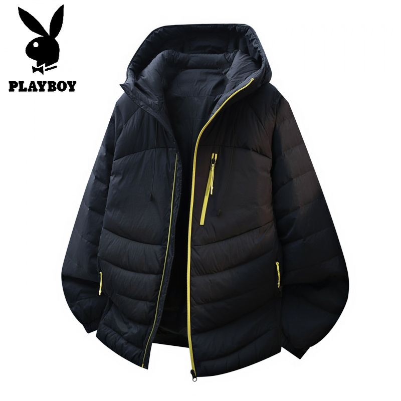 花花公子新款90羽绒有质检连帽排骨羽绒服撞色男式厚外套高清大图